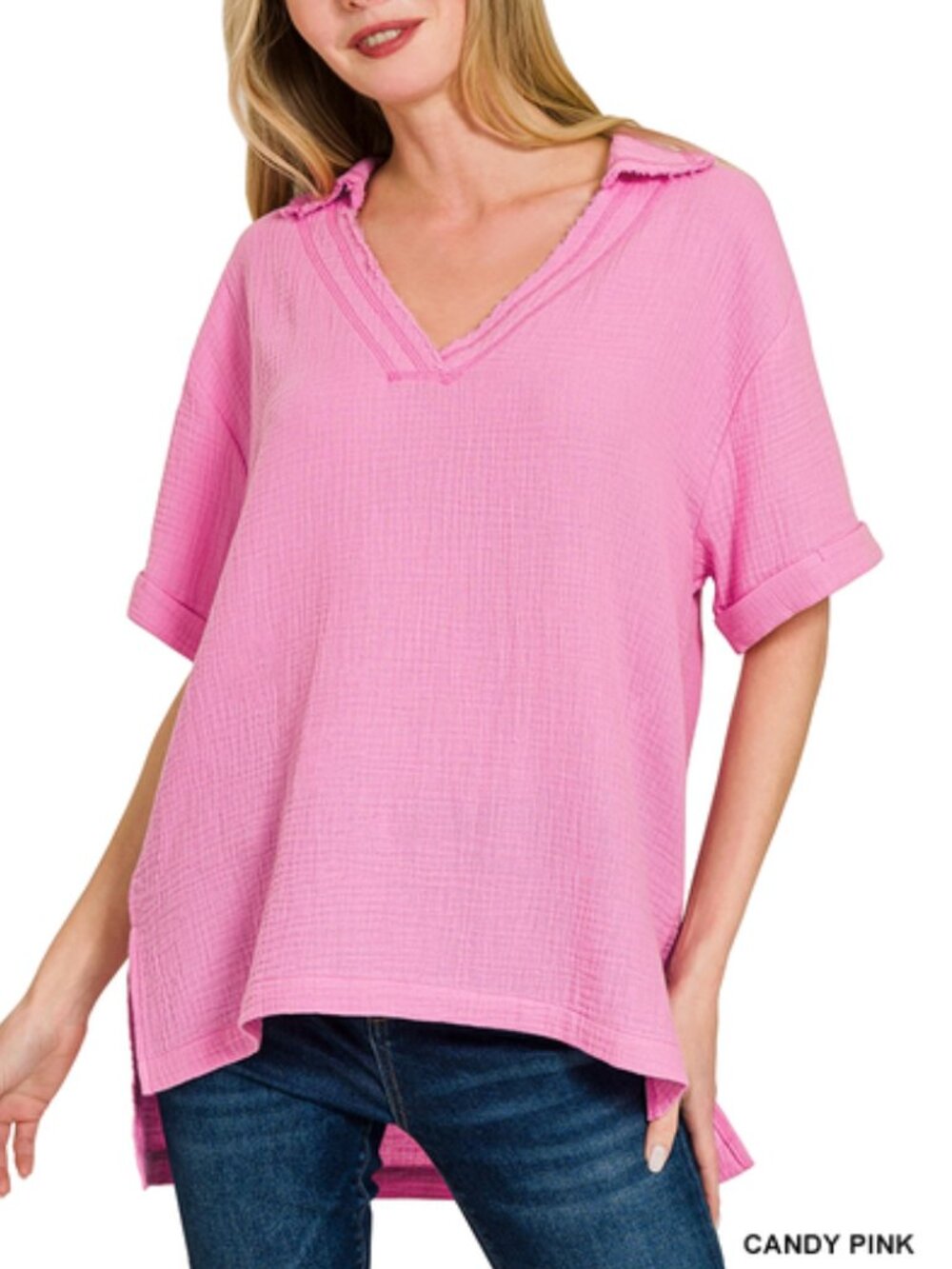 ZENANA DOUBLE GAUZE COLLARED V-NECK SHORT SLEEVE TOP Candy Pink